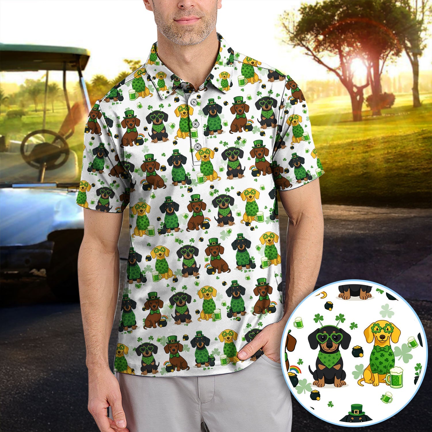 St. Patrick’s Day Dachshund Dog Pattern Golf Shirt, Funny Shamrock Dog Golf Polos For Men, Golf Gift For Golfer