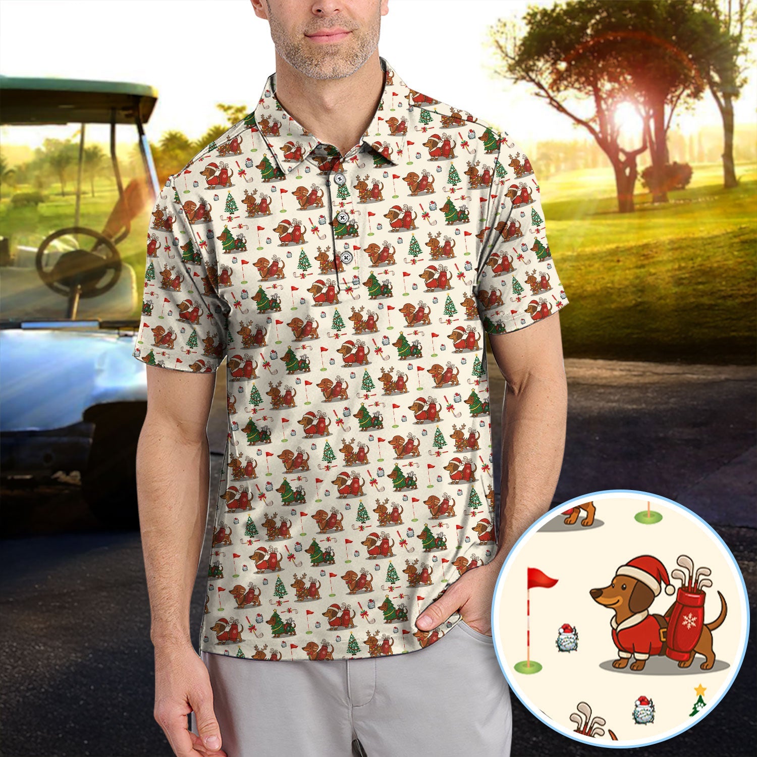 Christmas Dachshund Golf Polos, Cute Holiday Dog Golfer Shirt, Xmas Golf Gift For Golfer