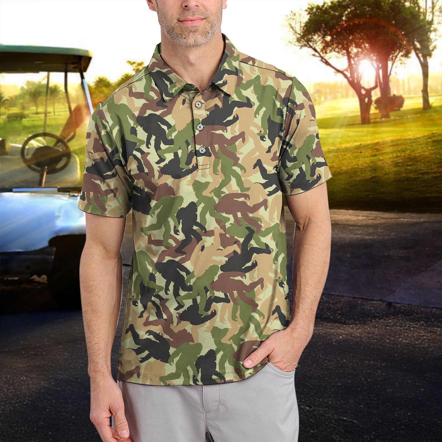 Bigfoot Camo Pattern Golf Polos, Crazy Sasquatch Golf Shirt, Funny Golf Gift For Golfer