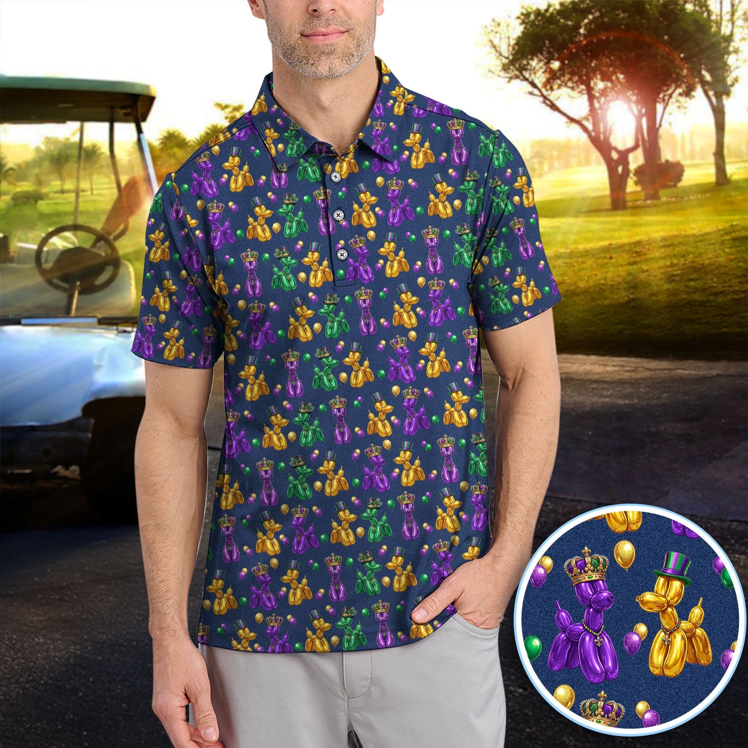 Mardi Gras Bead Dogs Golf Polos For Golfer, Festival Pattern Golf Shirt, Golf Gift For Men