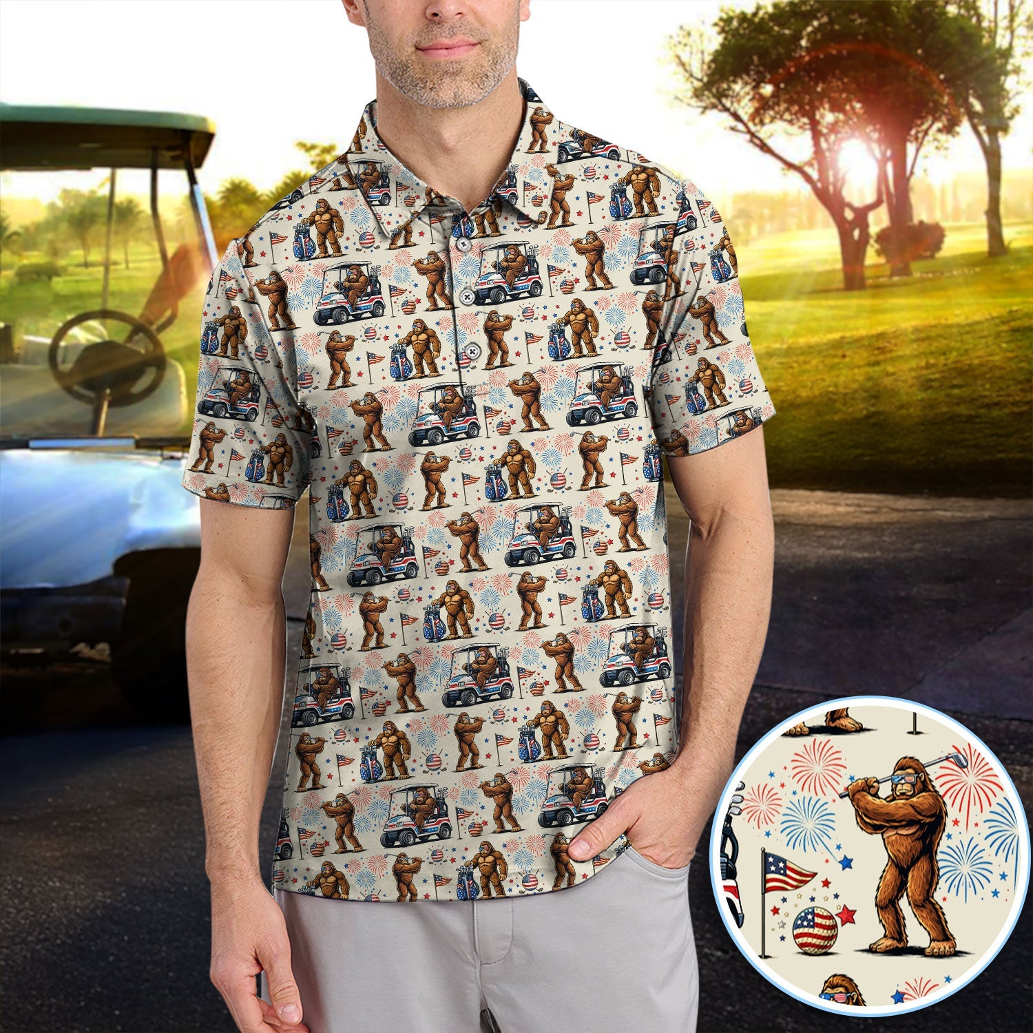 Funny Bigfoot Golf Polos For Golfer, Sasquatch Patriotic USA Pattern Golf Shirt, Golf Gift For Men