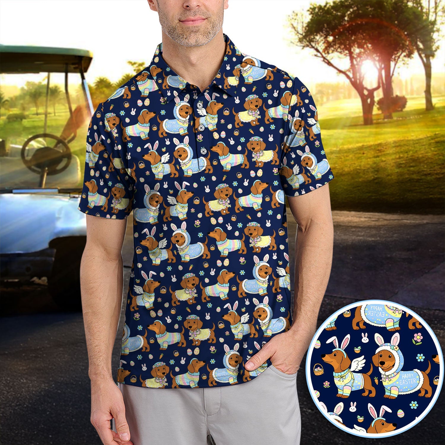 Dachshund Happy Easter Golf Polos, Easter Wiener Dog Pattern Golf Shirt, Golf Gift For Golfer