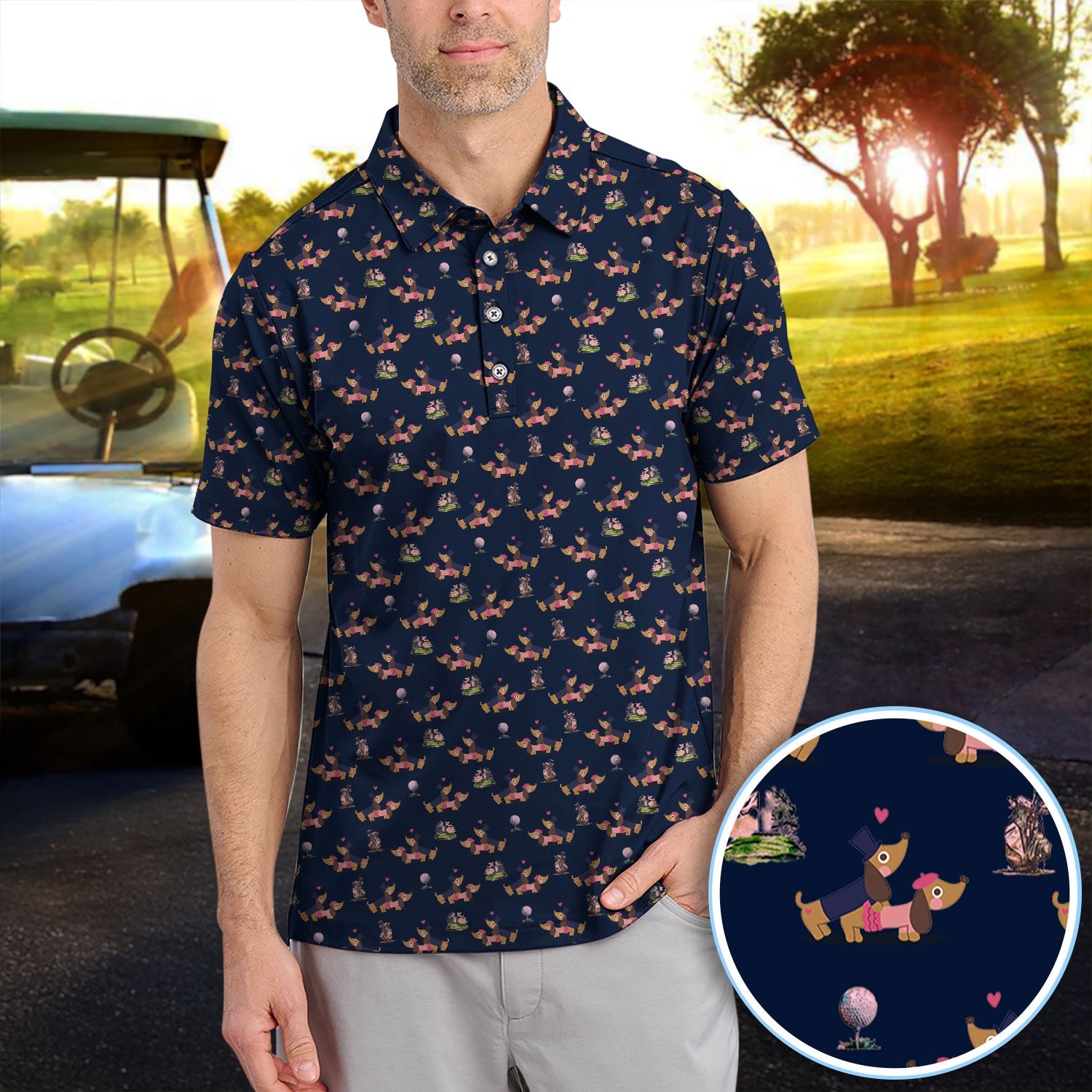 Dachshund Love Pattern Golf Shirt, Wiener Dog Golf Polos, Golf Gift For Golfer