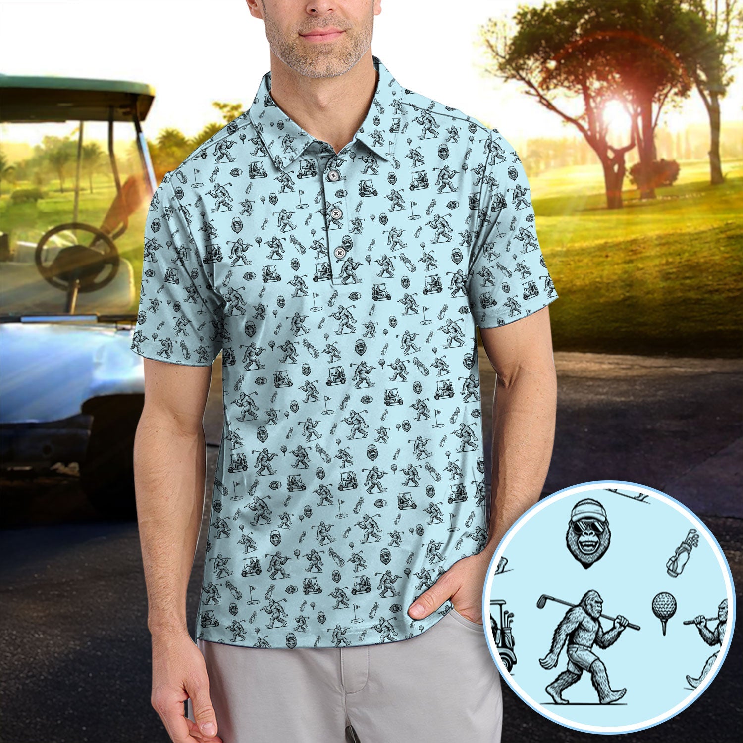 Squatch Bigfoot Pattern Golf Shirt, Funny Bigfoot Golf Polos, Golf Gift For Men