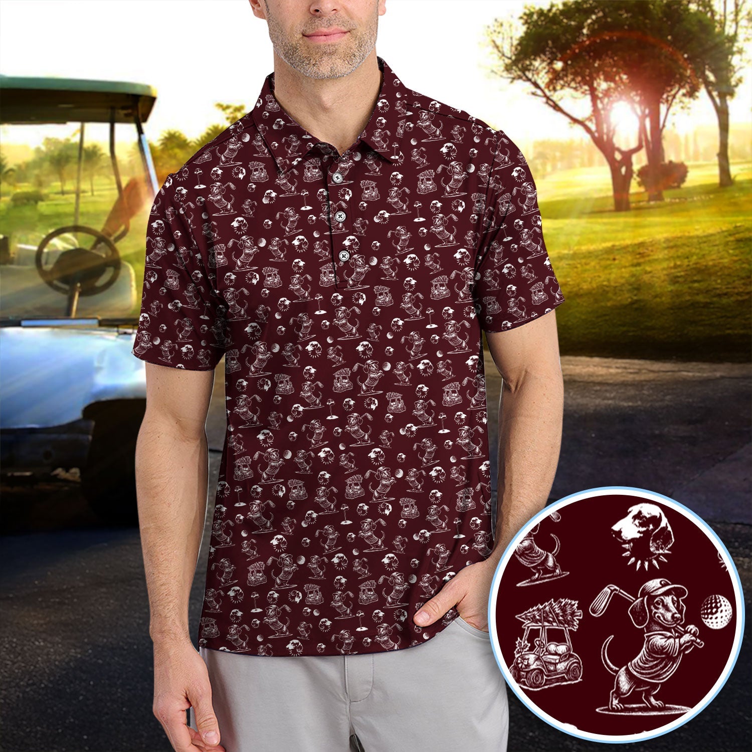 Dachshund Pattern Golf Shirt for Men, Funny Golf Polos, Golf Gift For Men
