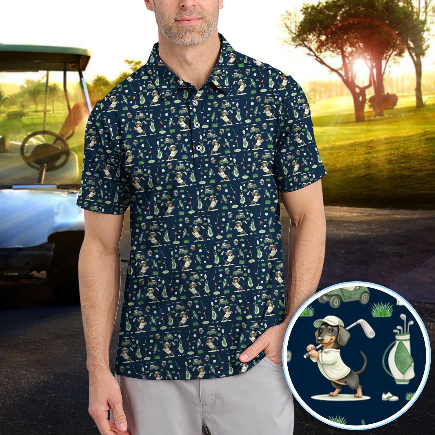 Funny Wiener Dog Golf Shirt, Dachshund Pattern Golf Polos, Crazy Golf Gift For Men