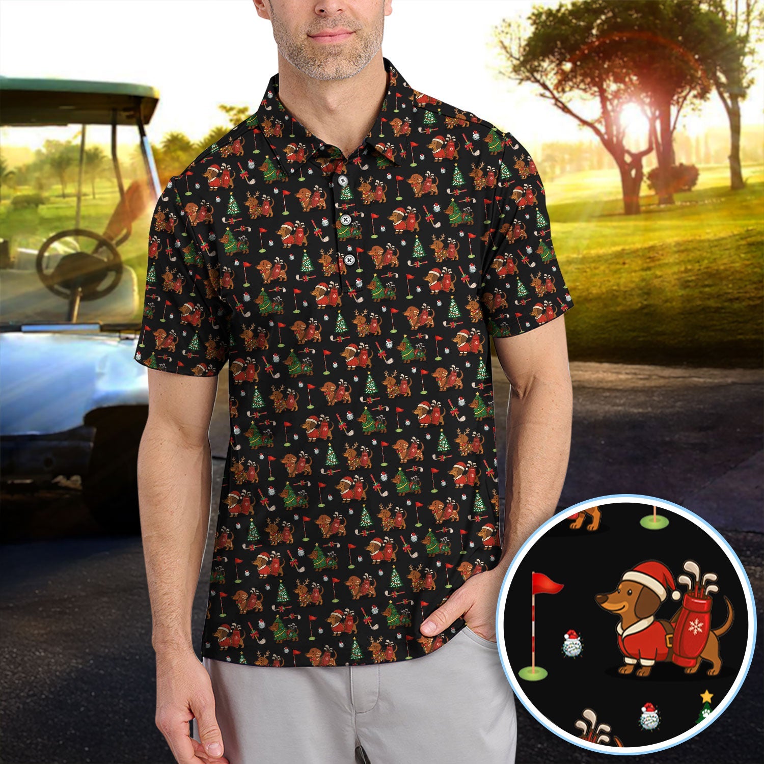 Christmas Dachshund Golf Polos, Cute Holiday Dog Golfer Shirt, Xmas Golf Gift For Golfer