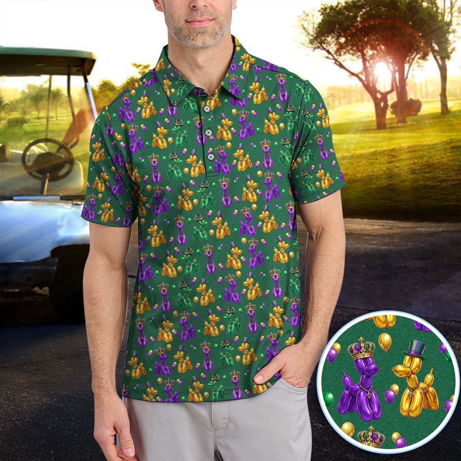 Mardi Gras Bead Dogs Golf Polos For Golfer, Festival Pattern Golf Shirt, Golf Gift For Men
