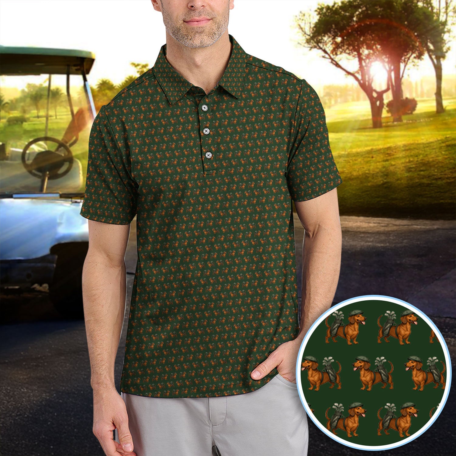 Dachshund Pattern Golf Polos, Crazy Dachshund Golf Shirt For Men, Funny Golf Shirt