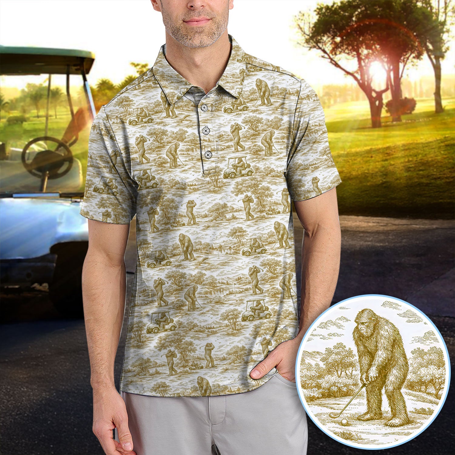 Crazy Bigfoot Pattern Golf Polos, Funny Sasquatch Golf Shirt For Men, Golf Gift For Golfer