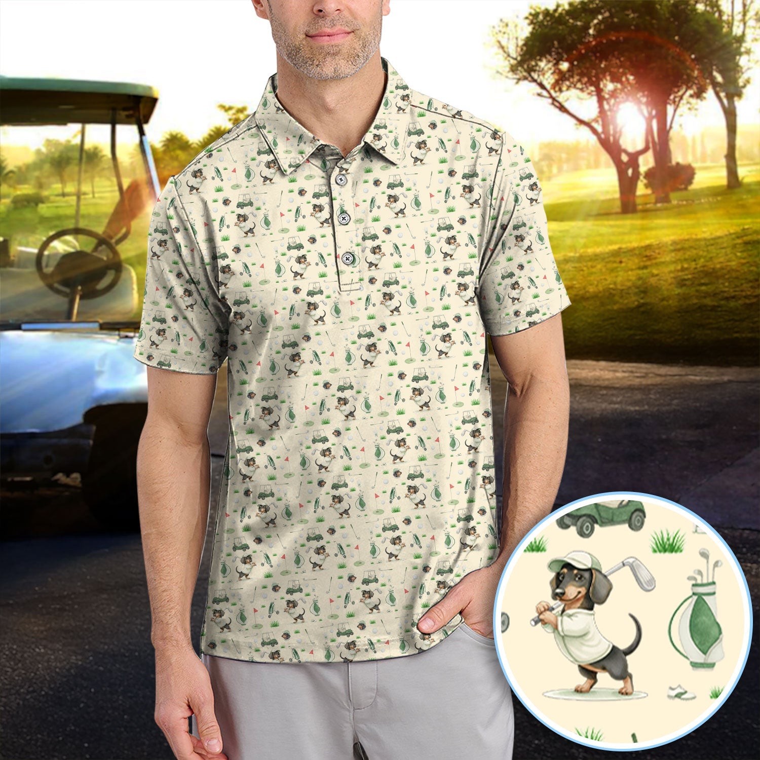Funny Wiener Dog Golf Shirt, Dachshund Pattern Golf Polos, Crazy Golf Gift For Men
