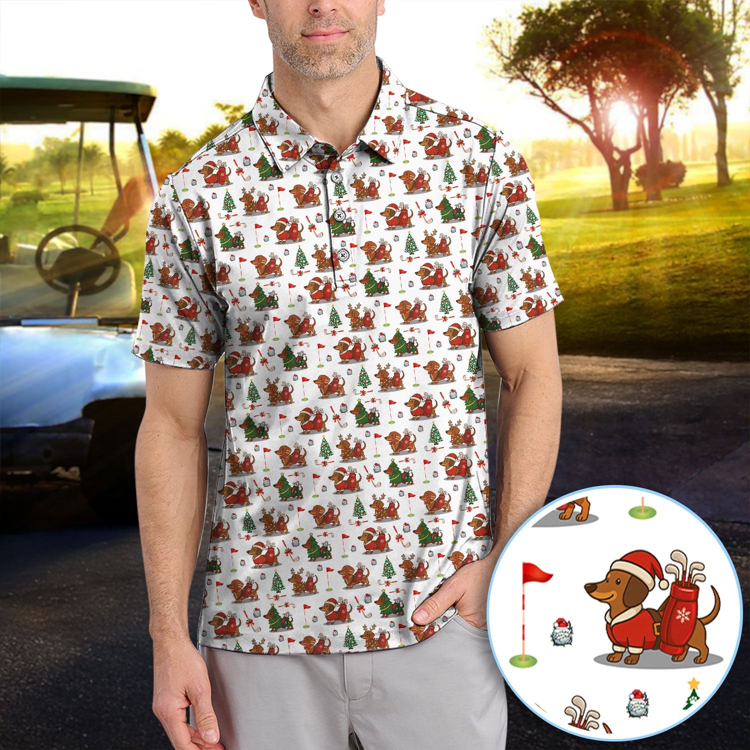 Christmas Dachshund Golf Polos, Cute Holiday Dog Golfer Shirt, Xmas Golf Gift For Golfer
