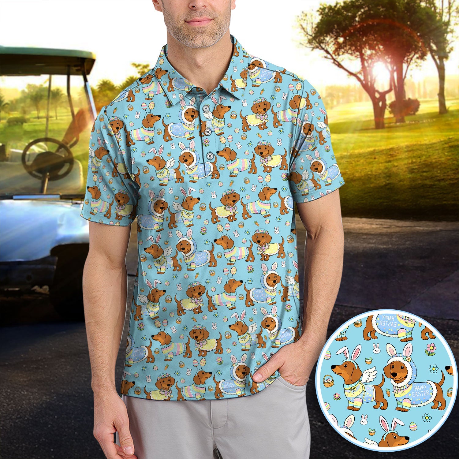 Dachshund Happy Easter Golf Polos, Easter Wiener Dog Pattern Golf Shirt, Golf Gift For Golfer