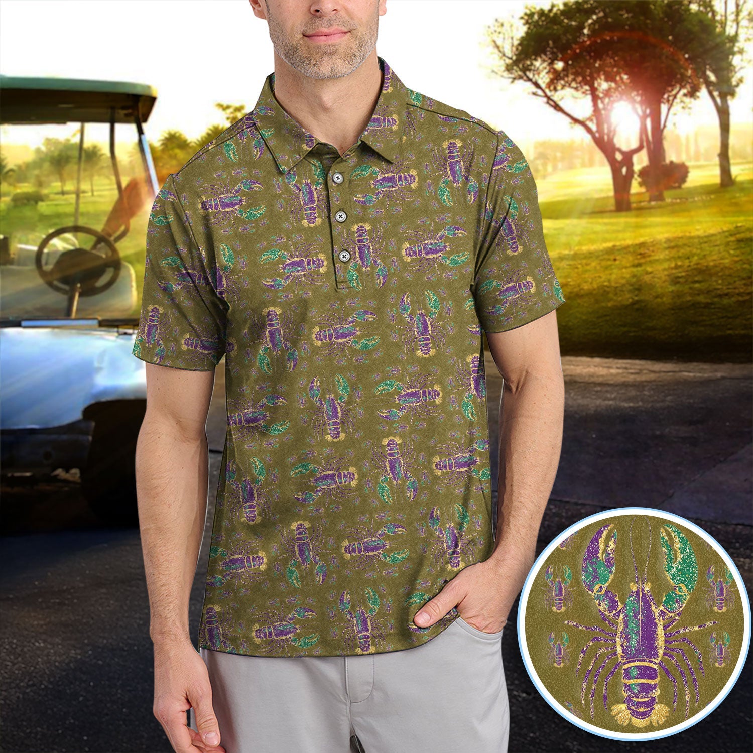 Louisiana Crawfish Pattern Golf Shirt, Mardi Gras Golf Polos For Golfer