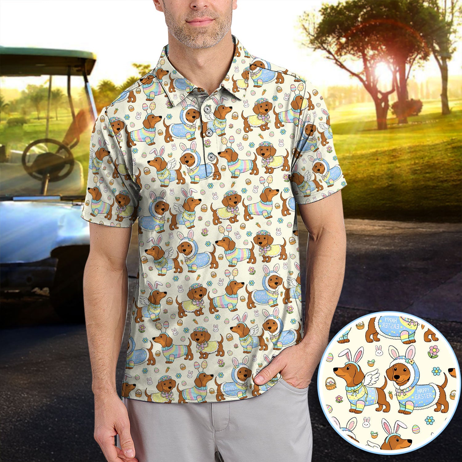 Dachshund Happy Easter Golf Polos, Easter Wiener Dog Pattern Golf Shirt, Golf Gift For Golfer