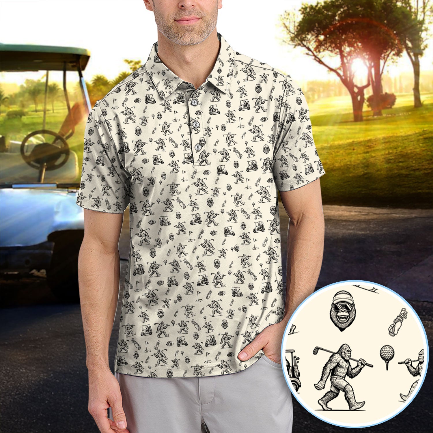 Squatch Bigfoot Pattern Golf Shirt, Funny Bigfoot Golf Polos, Golf Gift For Men