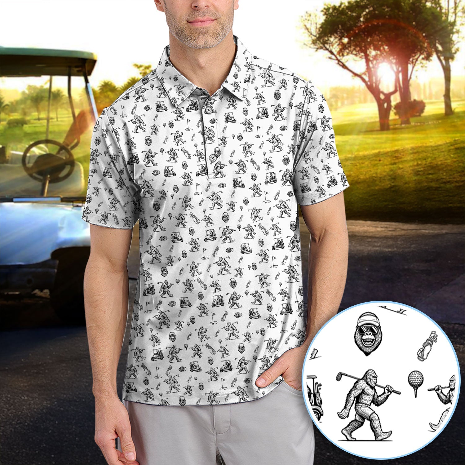 Squatch Bigfoot Pattern Golf Shirt, Funny Bigfoot Golf Polos, Golf Gift For Men