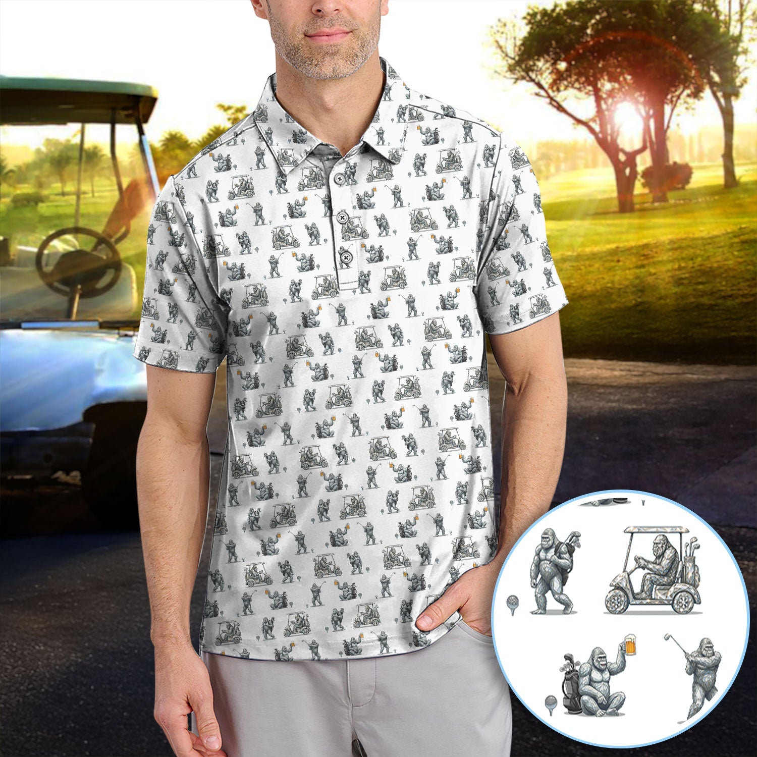Funny Bigfoot Pattern Golf Shirt, Squatch Bigfoot Golf Polos, Crazy Golf Gift For Men