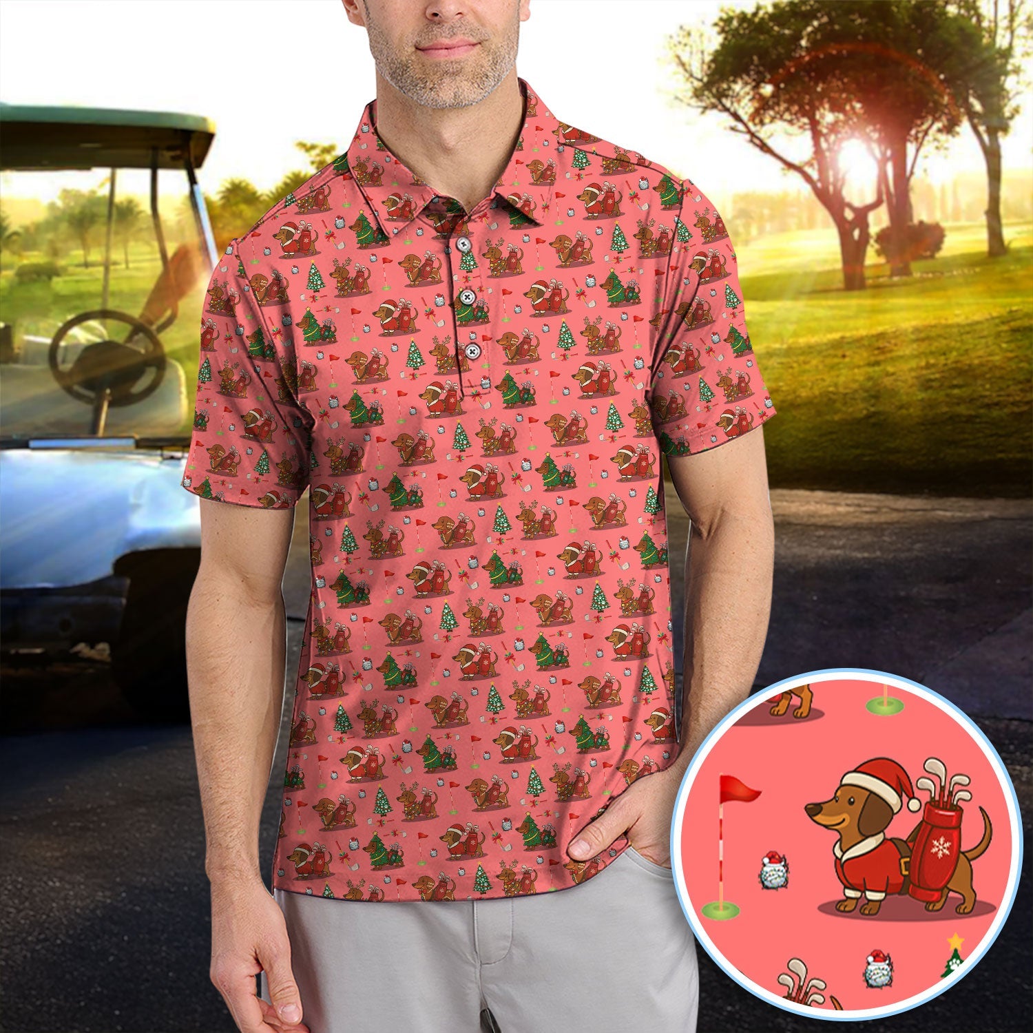 Christmas Dachshund Golf Polos, Cute Holiday Dog Golfer Shirt, Xmas Golf Gift For Golfer