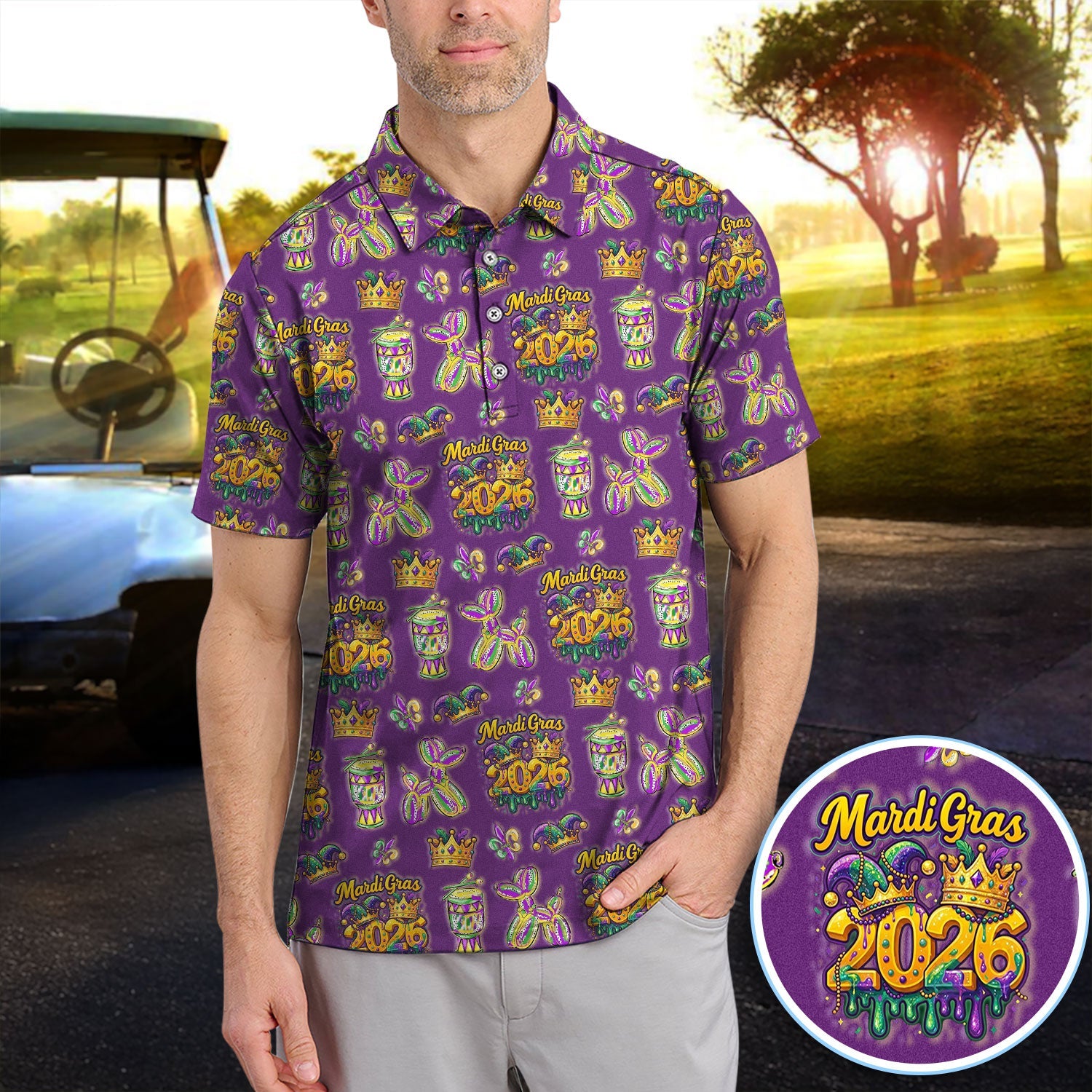 Mardi Gras 2026 Golf Polos For Golfer, Festive Crown Mask Pattern Golf Shirt, Golf Gift For Men