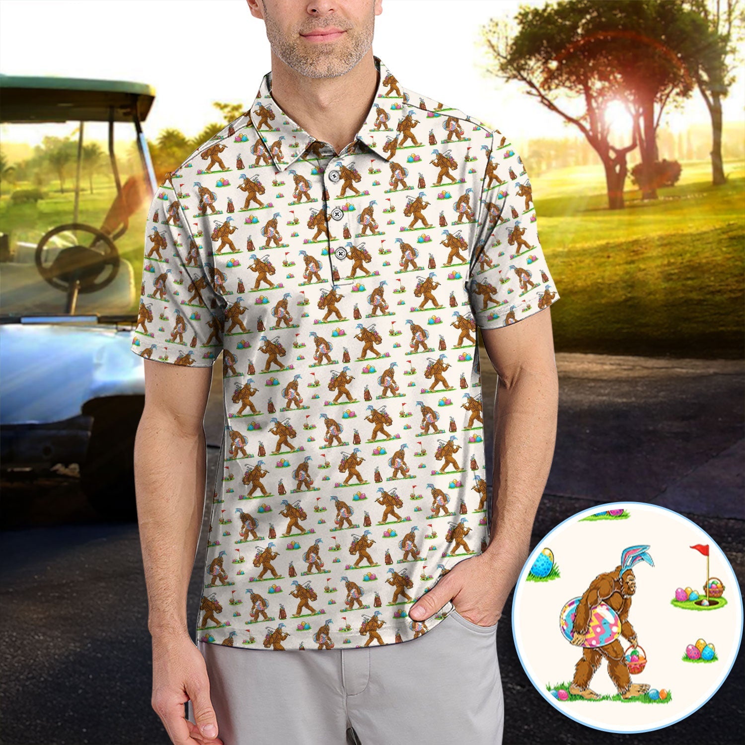 Bigfoot Easter Pattern Golf Polos, Bunny Sasquatch Golf Shirt For Men, Easter Day Shirt For Golfer