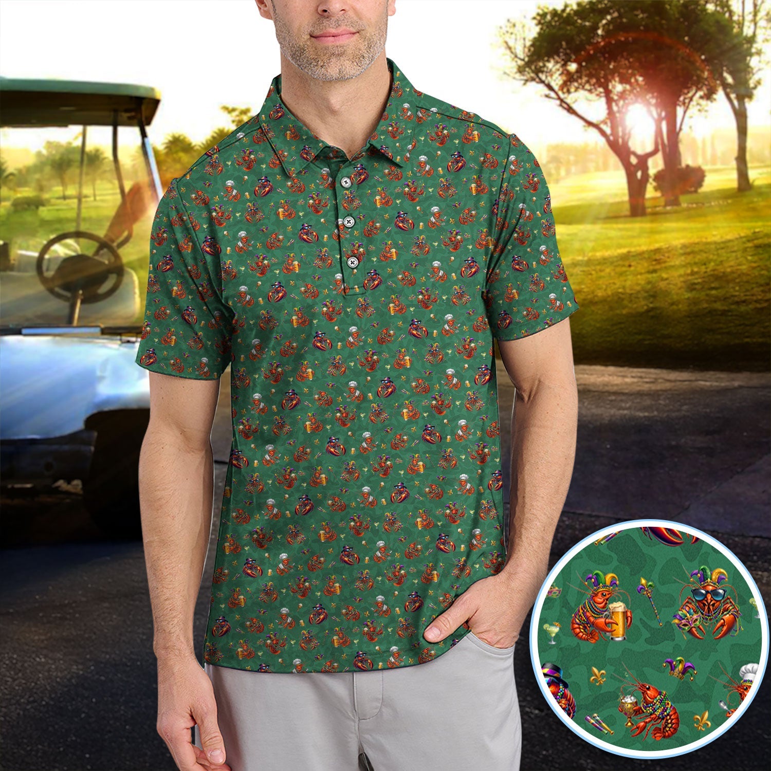 Funny Crawfish Mardi Gras Pattern Golf Shirt, Beer Crawdad Golf Polos For Golfer, Golf Gift For Men