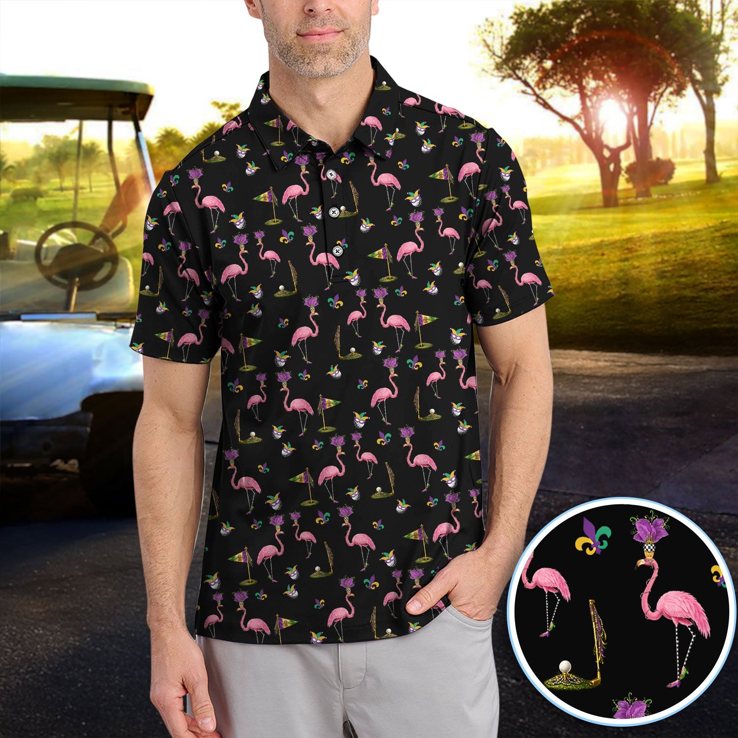 Flamingo Mardi Gras Golf Polos For Golfer, Funny Holiday Pattern Golf Shirt, Golf Gift For Men