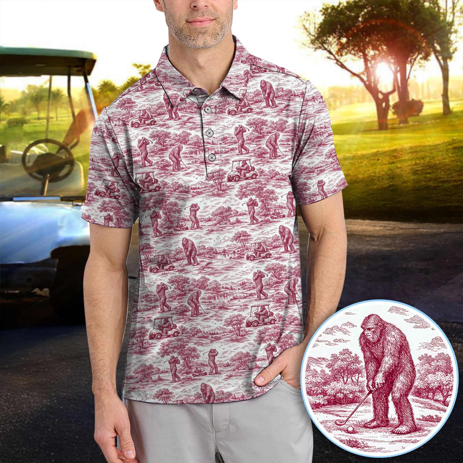 Crazy Bigfoot Pattern Golf Polos, Funny Sasquatch Golf Shirt For Men, Golf Gift For Golfer