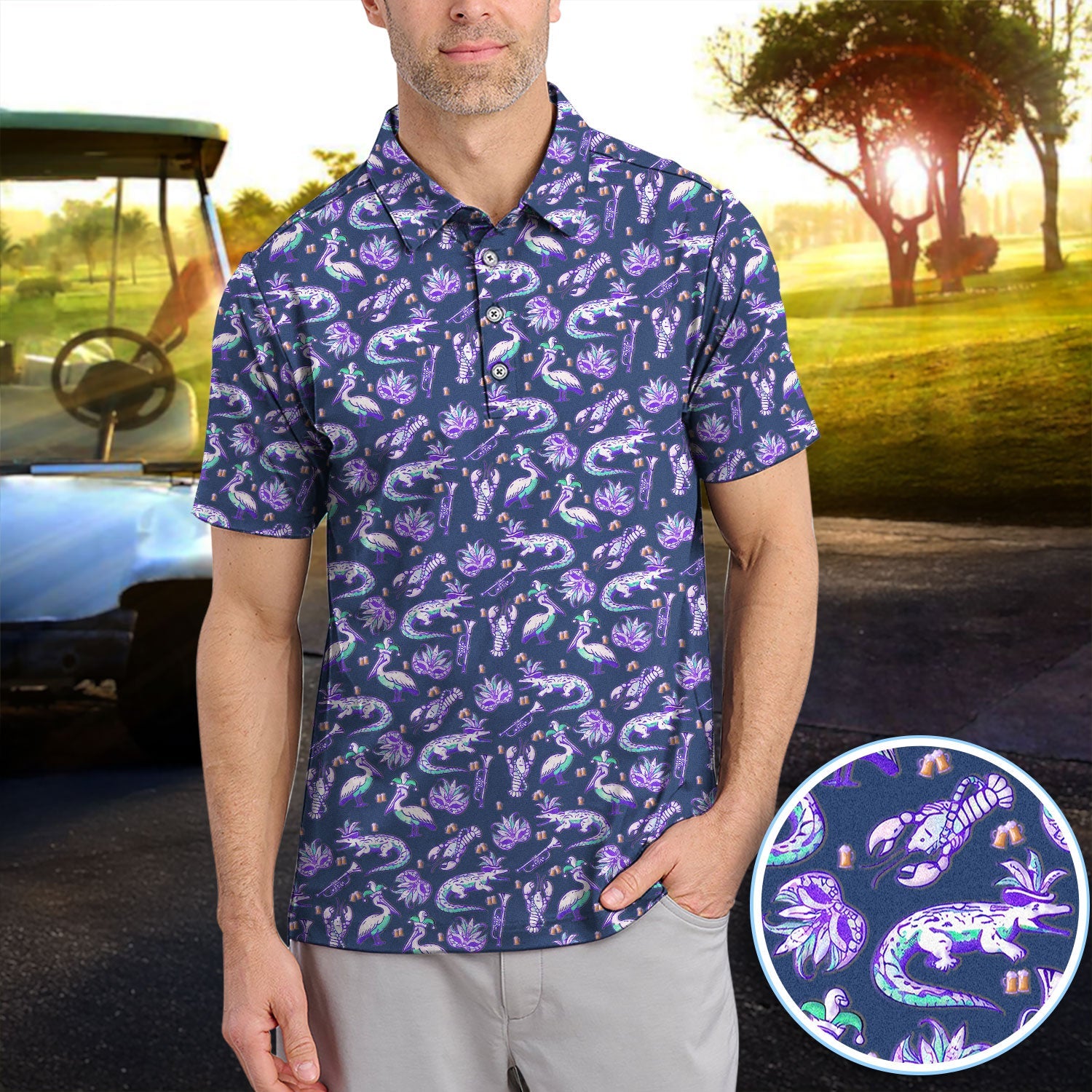 Carnival Golf Polos For Golfer, Mardi Gras Pattern Golf Shirt, Golf Gift For Men