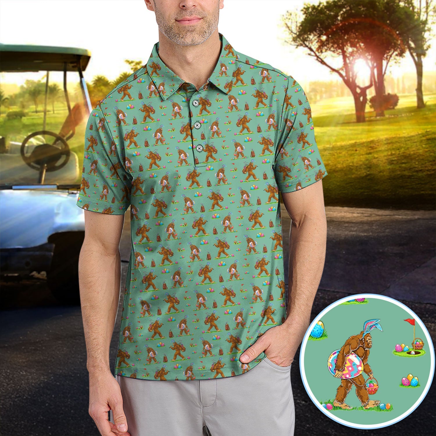 Bigfoot Easter Pattern Golf Polos, Bunny Sasquatch Golf Shirt For Men, Easter Day Shirt For Golfer