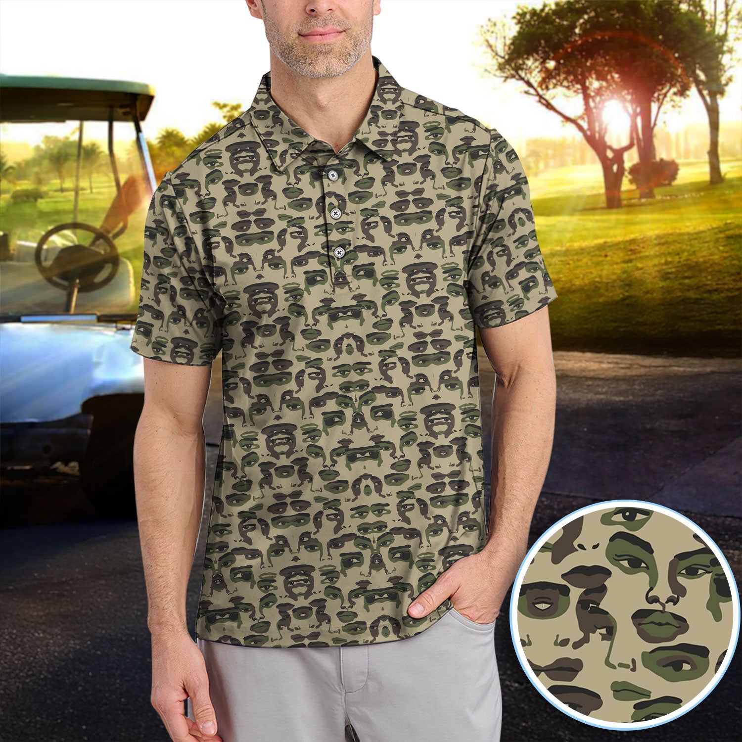 Camo Face Art Pattern Polo Shirt, Crazy Golf Polos For Golfer, Men Golf Gift