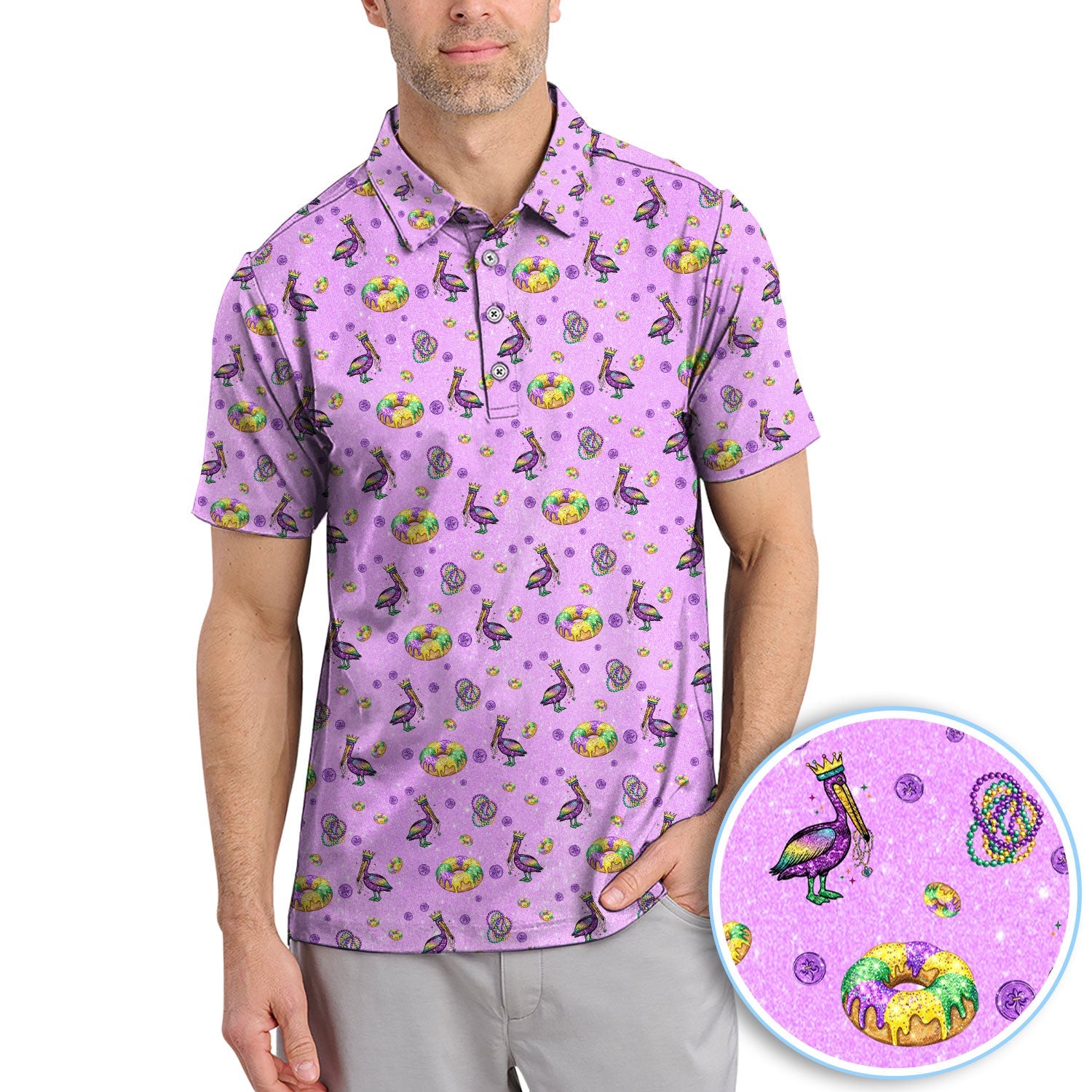 Funny Mardi Gras Pattern Golf Polos, Carnival Golf Shirt For Men, Golf Gift For Golfer