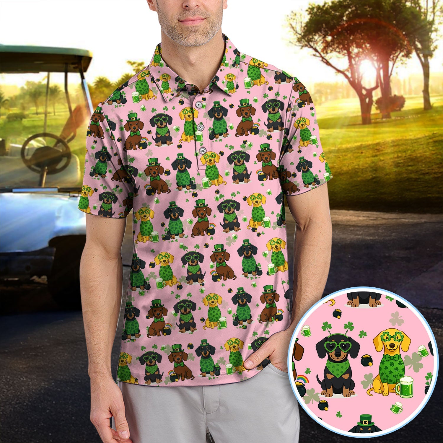 St. Patrick’s Day Dachshund Dog Pattern Golf Shirt, Funny Shamrock Dog Golf Polos For Men, Golf Gift For Golfer