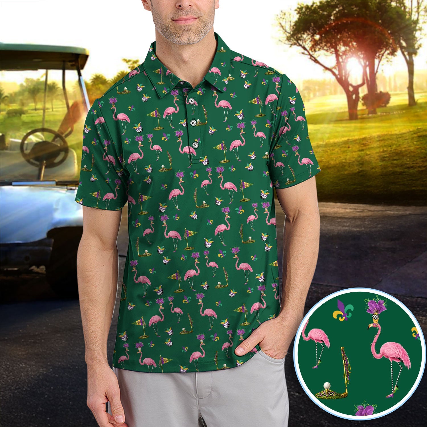 Flamingo Mardi Gras Golf Polos For Golfer, Funny Holiday Pattern Golf Shirt, Golf Gift For Men