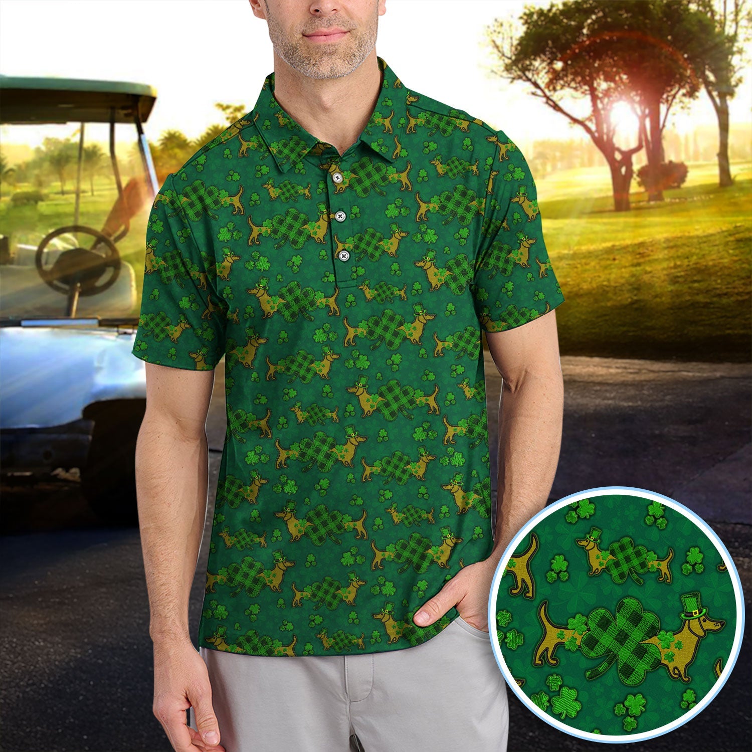 St. Patrick’s Day Golf Polos, Funny Dachshund Shamrock Golf Shirt For Men, Crazy Golf Gift For Golfer