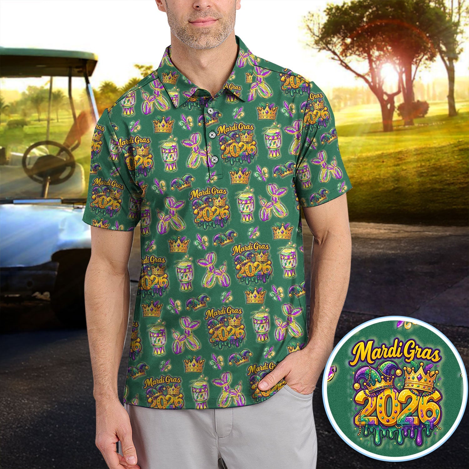 Mardi Gras 2026 Golf Polos For Golfer, Festive Crown Mask Pattern Golf Shirt, Golf Gift For Men