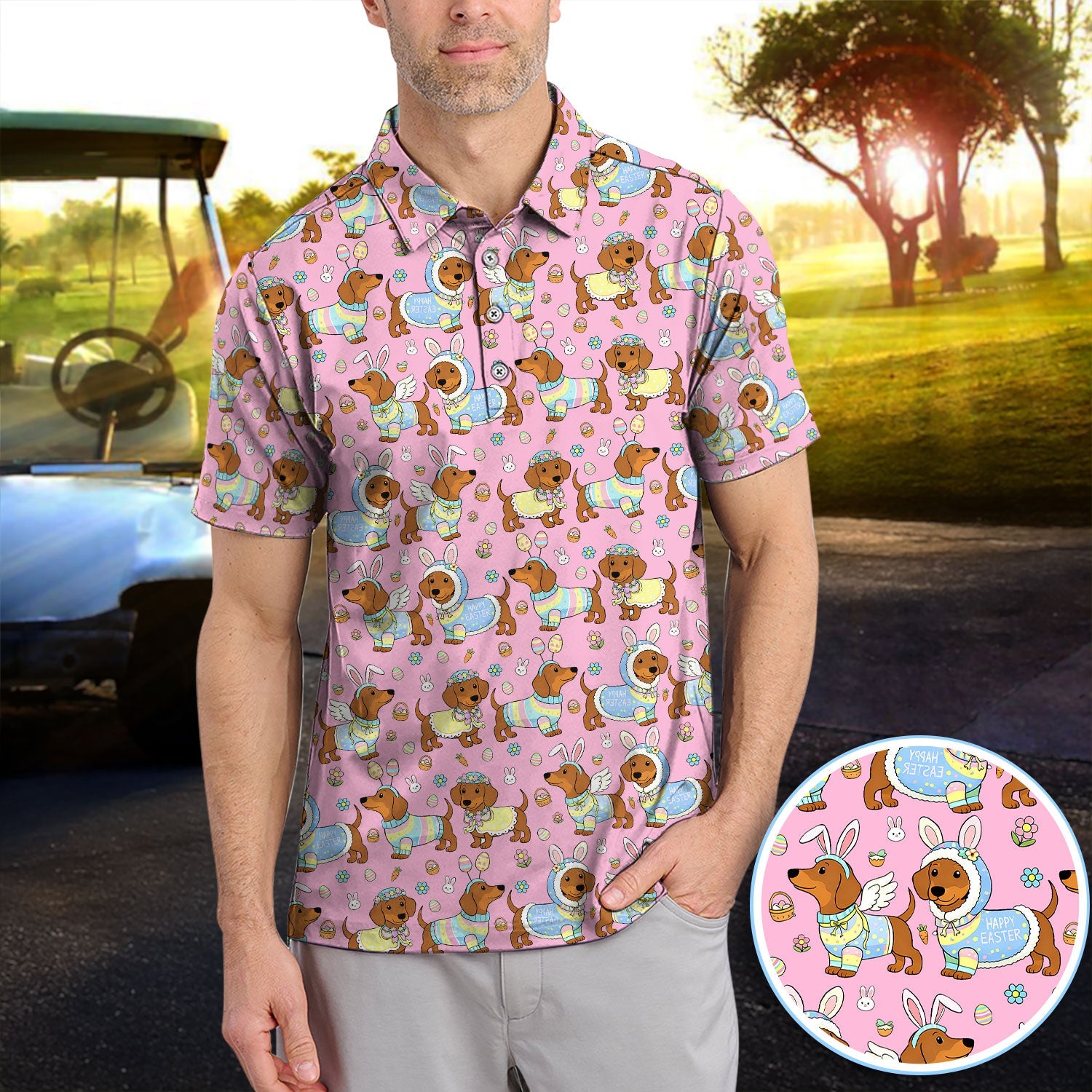 Dachshund Happy Easter Golf Polos, Easter Wiener Dog Pattern Golf Shirt, Golf Gift For Golfer