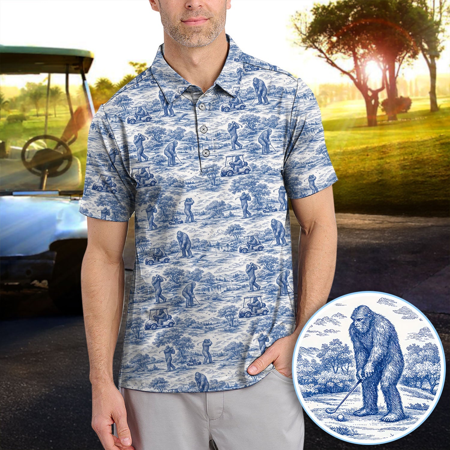 Crazy Bigfoot Pattern Golf Polos, Funny Sasquatch Golf Shirt For Men, Golf Gift For Golfer