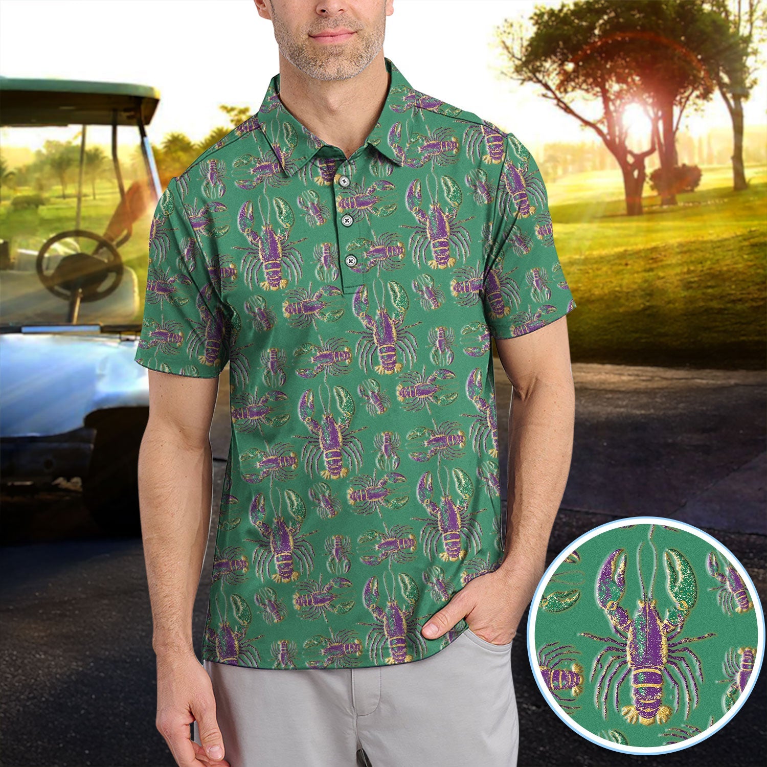 Mardi Gras Crawfish Pattern Golf Polos, Crazy Louisiana Crawfish Golf Shirt For Men, Golf Gift For Golfer