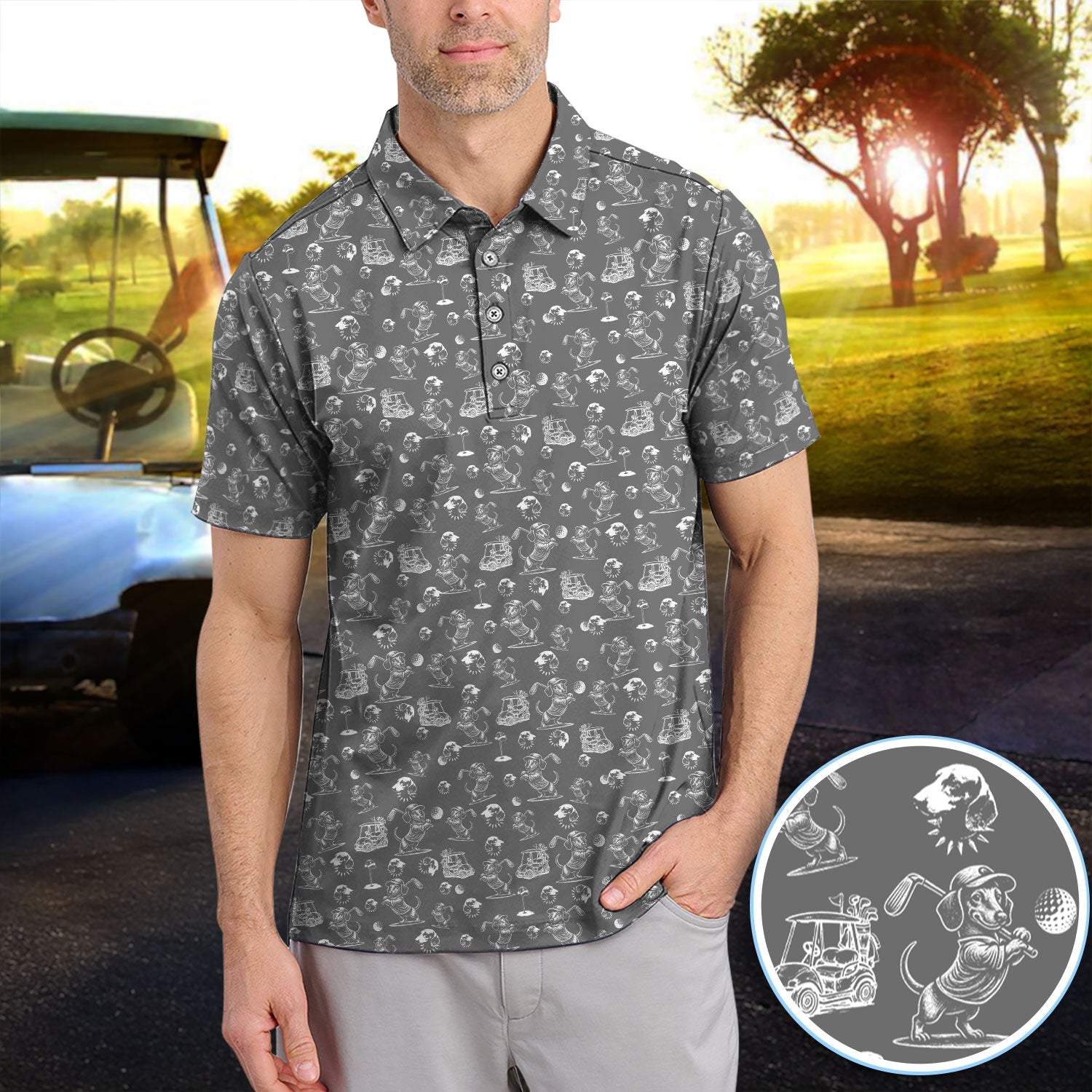 Funny Dachshund Pattern Golf Shirt For Men, Wiener Dog Golf Polos For Golfer, Dad Golf Gift