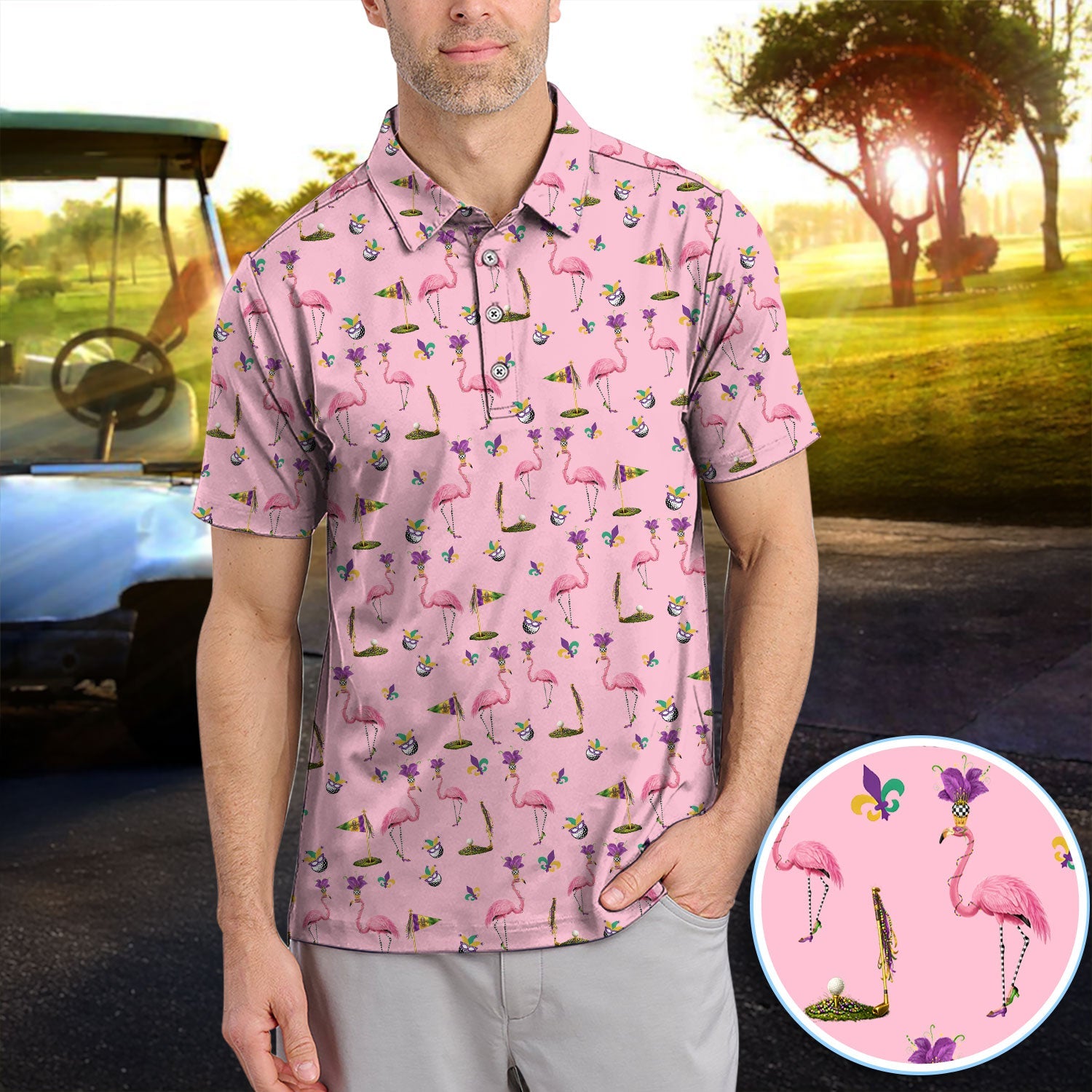 Flamingo Mardi Gras Golf Polos For Golfer, Funny Holiday Pattern Golf Shirt, Golf Gift For Men