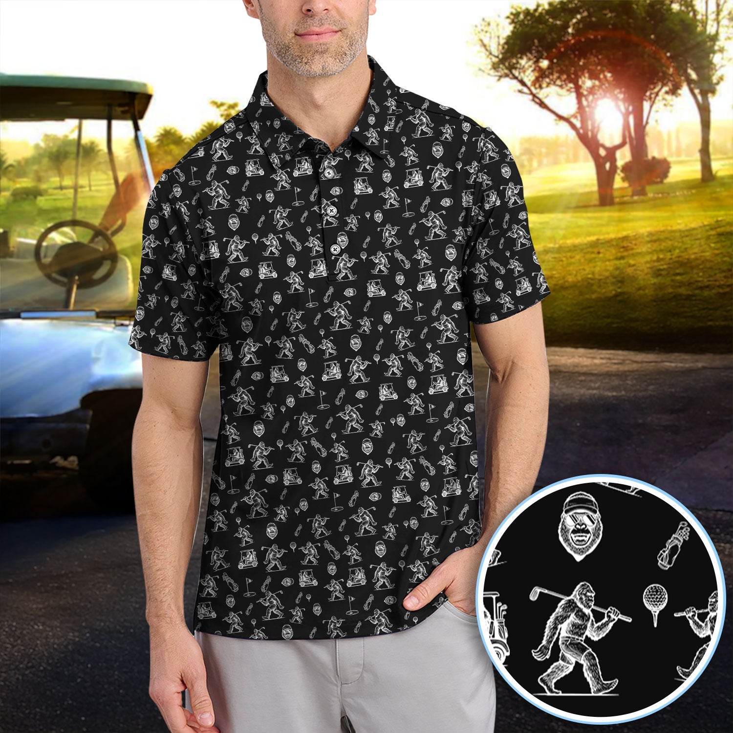 Squatch Bigfoot Pattern Golf Shirt, Funny Bigfoot Golf Polos, Golf Gift For Men