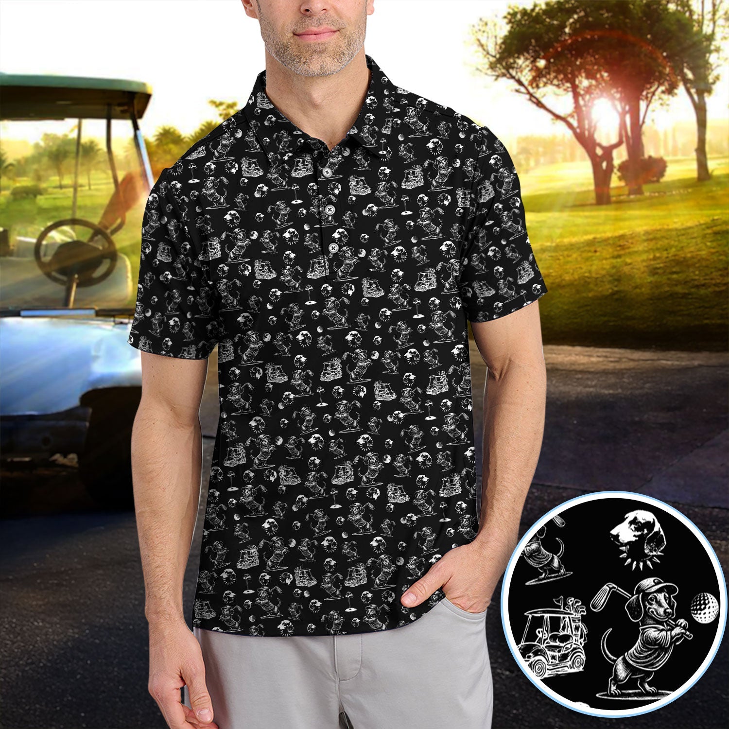 Funny Dachshund Pattern Golf Shirt For Men, Wiener Dog Golf Polos For Golfer, Dad Golf Gift