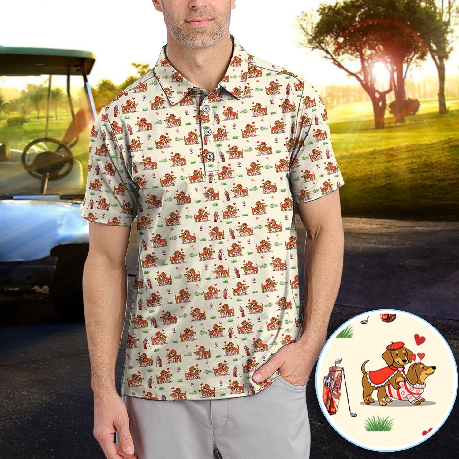 Valentine Dachshund Pattern Golf Shirt, Wiener Dog Love Golf Shirt, Golf Gift For Men