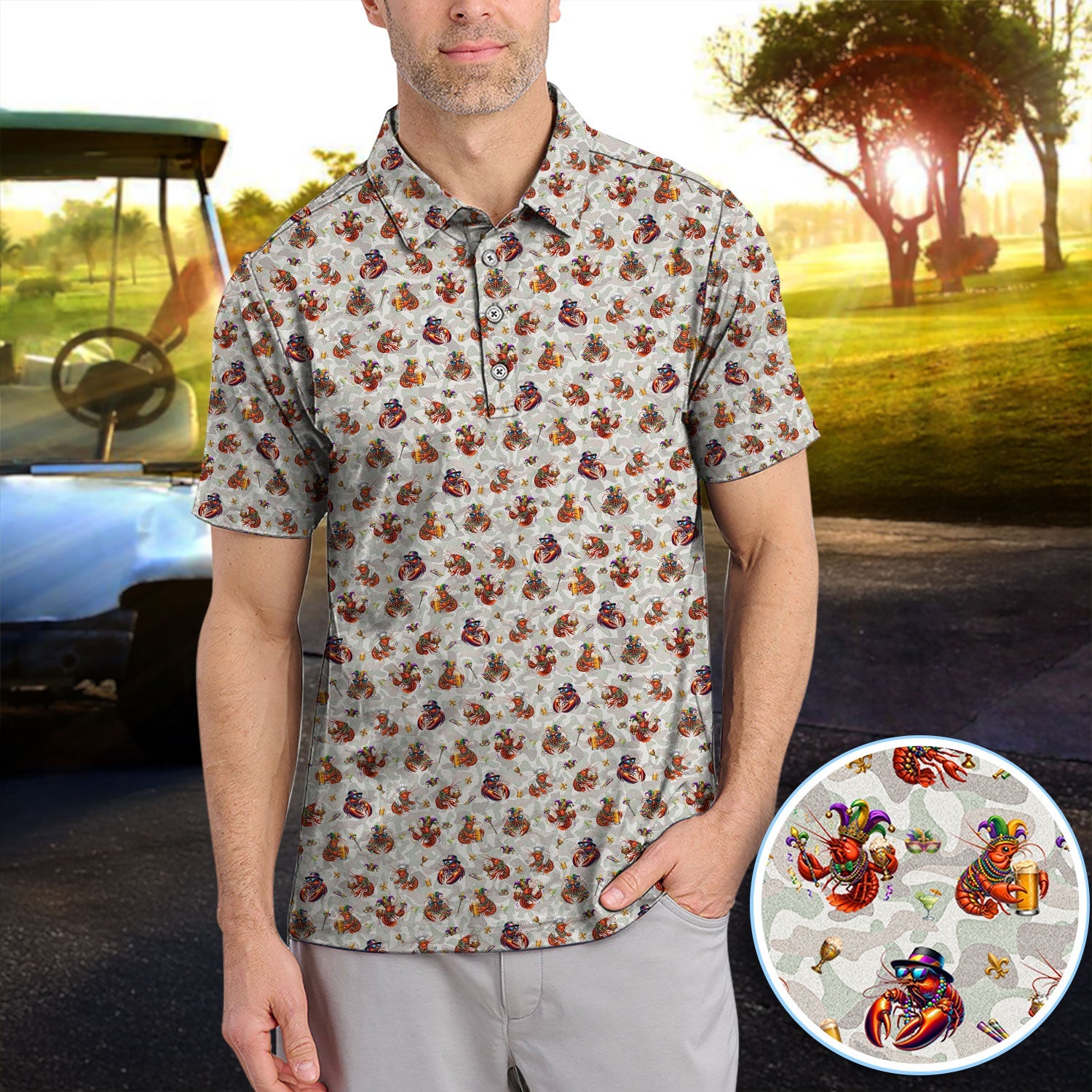 Funny Crawfish Mardi Gras Pattern Golf Shirt, Beer Crawdad Golf Polos For Golfer, Golf Gift For Men