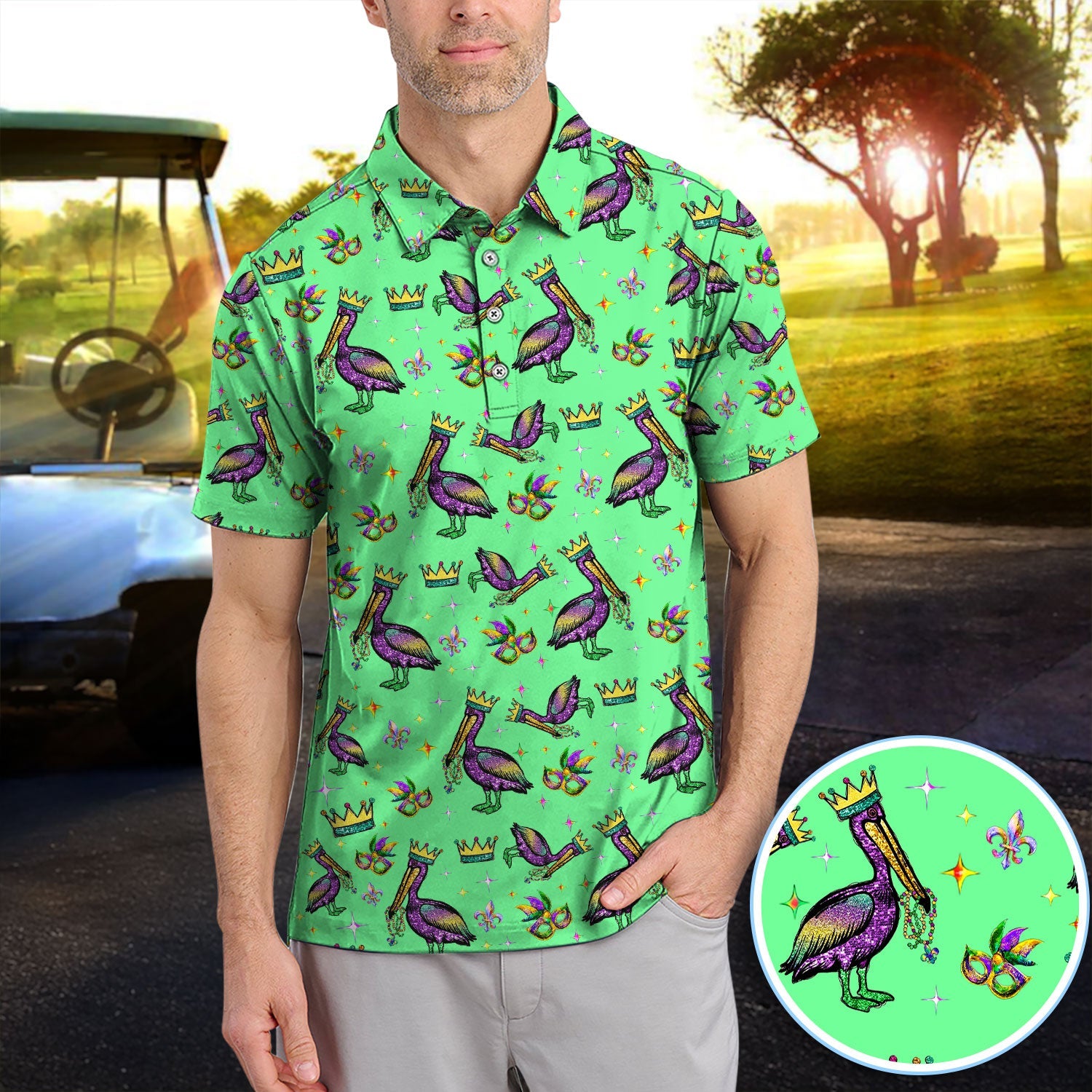 Mardi Gras Pelican Pattern Golf Polos, Funny Pelican Golf Shirt For Men, Crazy Golf Gift For Golfer