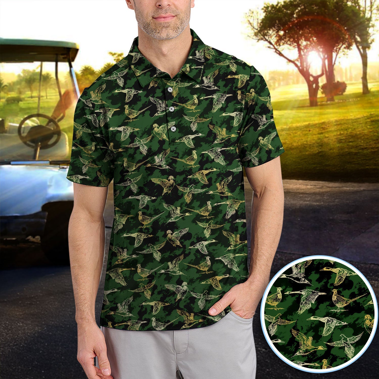Duck Camo Pattern Golf Polos For Golfer, Flying Waterfowl Golf Shirt, Golf Gift For Men