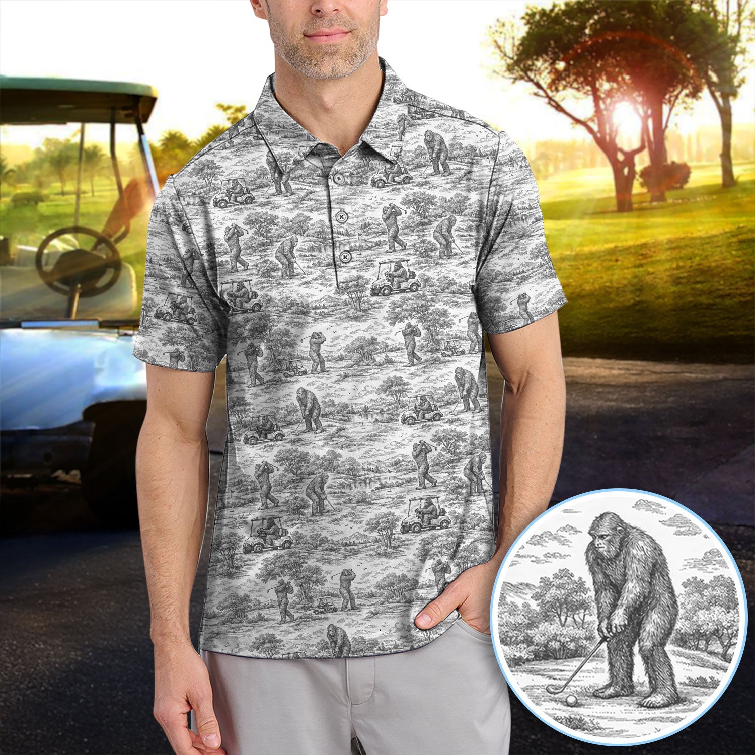 Crazy Bigfoot Pattern Golf Polos, Funny Sasquatch Golf Shirt For Men, Golf Gift For Golfer