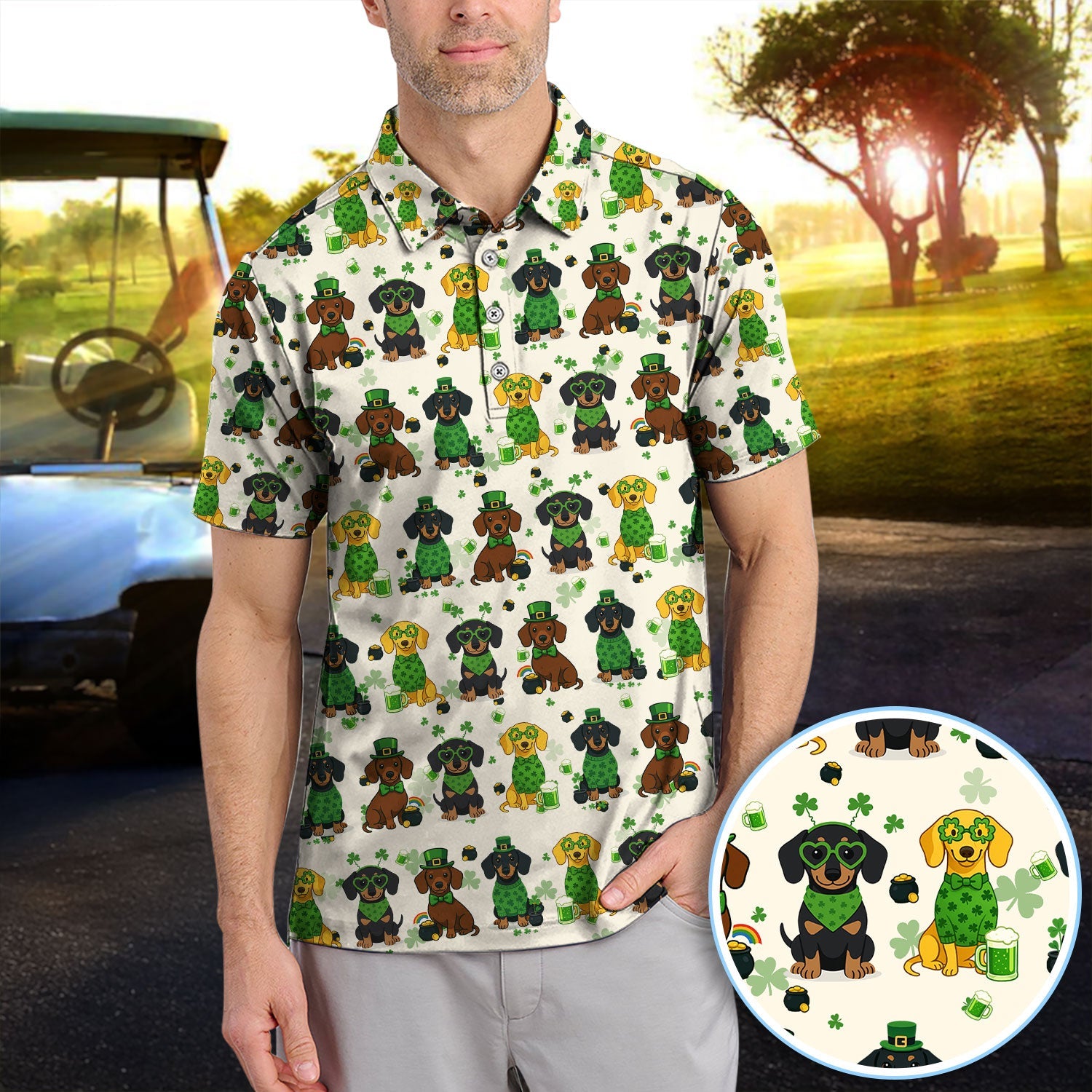 St. Patrick’s Day Dachshund Dog Pattern Golf Shirt, Funny Shamrock Dog Golf Polos For Men, Golf Gift For Golfer