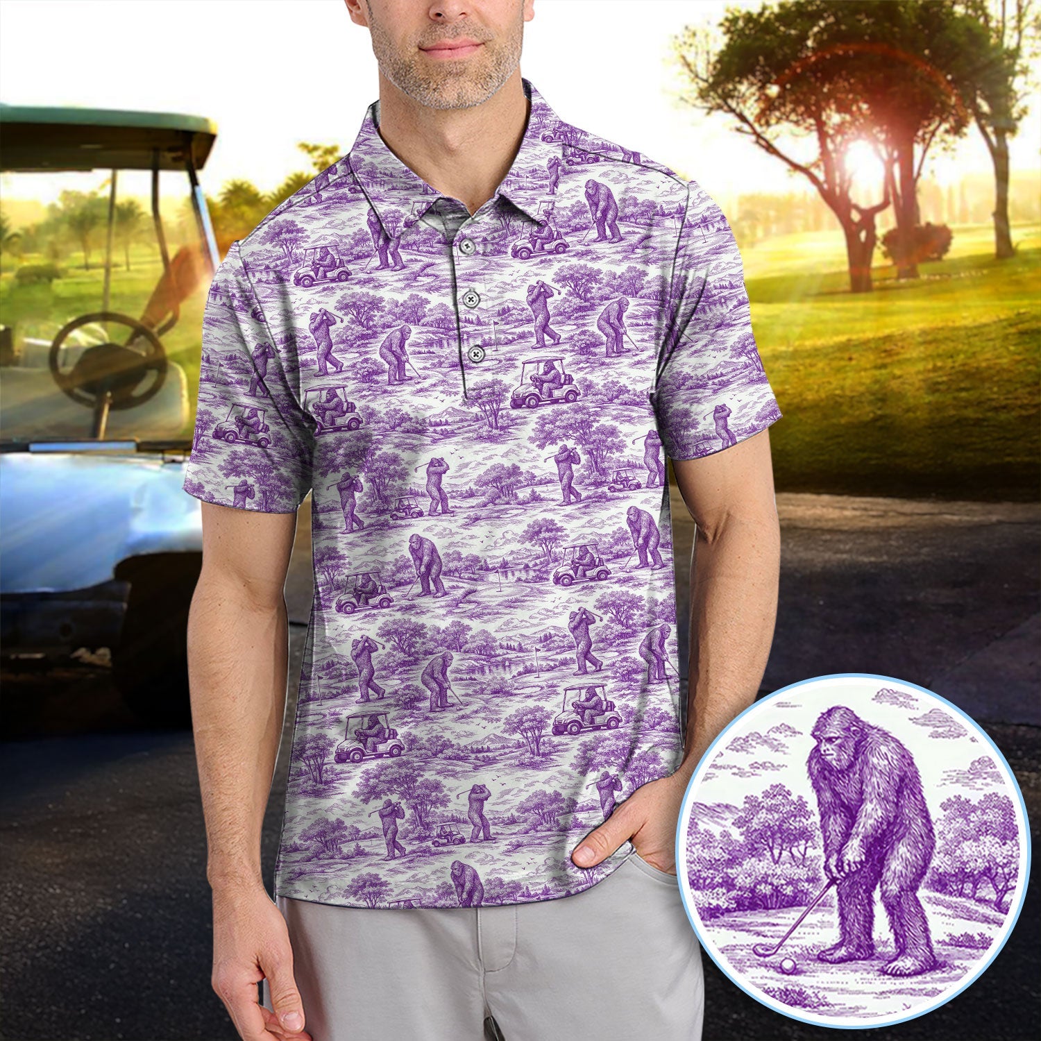 Crazy Bigfoot Pattern Golf Polos, Funny Sasquatch Golf Shirt For Men, Golf Gift For Golfer
